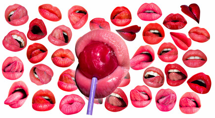 Lollypop in female mouth, lolly pop, lips and lollipop. Red lip background. Female lips.