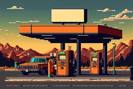 Pixel art gas station on the road, background in retro style for 8 bit game, Generative AI