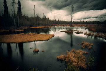 The swamp landscape in Siberia with black clouds reflected in swamp water.