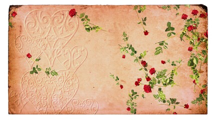 Valentine's Day background. Falling roses and vintage postcard with embossed hearts. Also available as an animation - search for 197511237 in Videos. Old-fashioned grunge style. PNG with transparency.