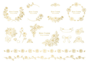 薔薇のベクターイラスト, デザイン用のフレームと装飾の素材, バレンタインや結婚式のグラフィック要素, 白背景に金色の線画.