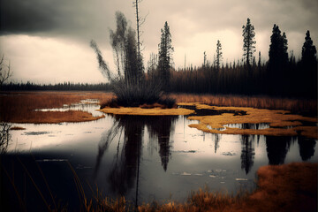 Siberian swamp, cloudy mood, dark water and trees.