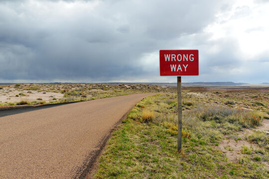 WRONG WAY sign in Petrified Forest National Park, Arizona, USA.