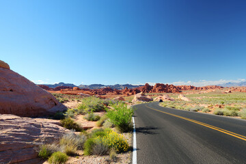 A road leading through sandstone formations in Valley of Fire State Park, Nevada, USA.