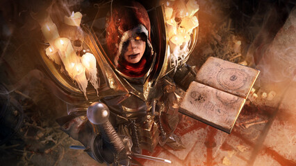 A sinister  fanatic woman possessed by demons  with an ancient book, in plate armor, candles are burning on her shoulders and the bones of victims and a ritual circle are under her feet. 2d art © warmtail