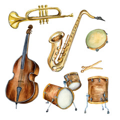 Set of trumpet, saxophone, contrabass musical instruments watercolor illustration isolated. Jazz band, drums, tambourine hand drawn. Design element for flyer, concert events, brochure, poster, print