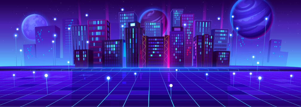 Metaverse, vr technology concept with digital city buildings. Futuristic virtual reality background with cityscape simulation with planets in sky at night, vector cartoon illustration