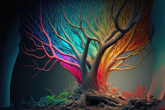  a colorful tree with a rainbow colored trunk and branches on it's sides, in a dark background with a red light at the end of the tree, and a red light at the end of the tree. generative ai