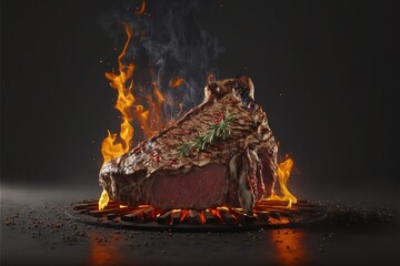  a steak on a plate with flames coming out of it, set against a dark background The steak appears to be a filet mignon, with a golden-brown crust and a juicy, succu