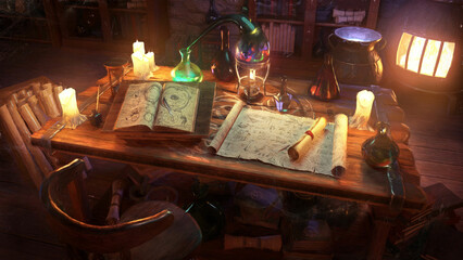 An alchemist's desk with a lot of objects, test tubes, flasks, books, scrolls, burning candles, beautiful mystical circles and the dark room itself with stacks of books and a cauldron. 2d art