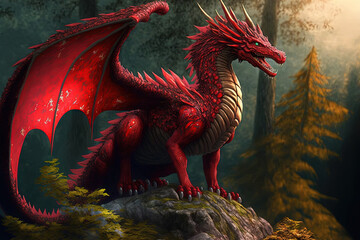 Stunning digital illustration of a red dragon from a mythical world. Generative AI © The 2R Artificiality