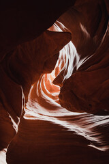 Glowing colors of Upper Antelope Canyon, the famous slot canyon in Navajo reservation near Page, Arizona, USA