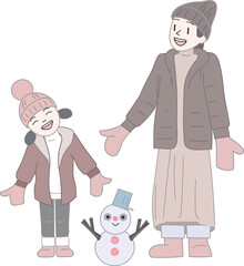 冬の服装をしニット帽をかぶった母と娘が一緒にかわいい雪だるまを作って楽しく遊んでいる