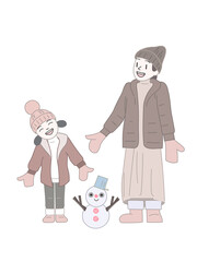 冬の服装をしニット帽をかぶった母と娘が一緒にかわいい雪だるまを作って楽しく遊んでいる