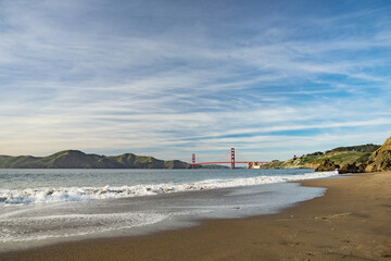 Golden Gate Bridge on spring day. Famous landmark in San Francisco, California.