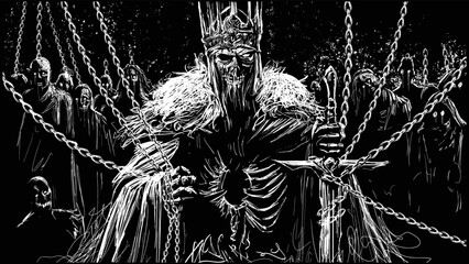 sinister king of the undead clutching chains in his hands with which he holds the souls of his subordinates in captivity, the zombie servants, a sword in his hand, and hole in his chest. 2d sketch art - 562005750