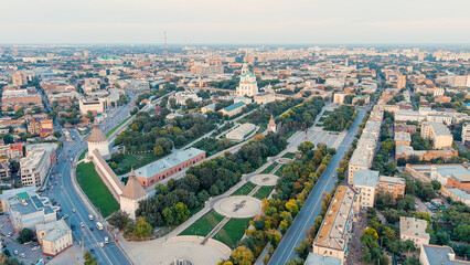 Naklejka na ściany i meble Astrakhan, Russia. Cathedral of the Assumption of the Blessed Virgin. Astrakhan Kremlin during sunset, Aerial View