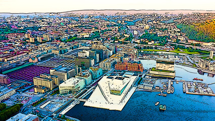 Oslo, Norway. The central part of the city. Sunset time. Bright cartoon style illustration. Aerial view