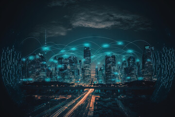 The concept of a modern city includes a wireless network link. Concept of wireless network and connection technology against a nighttime cityscape. Generative AI