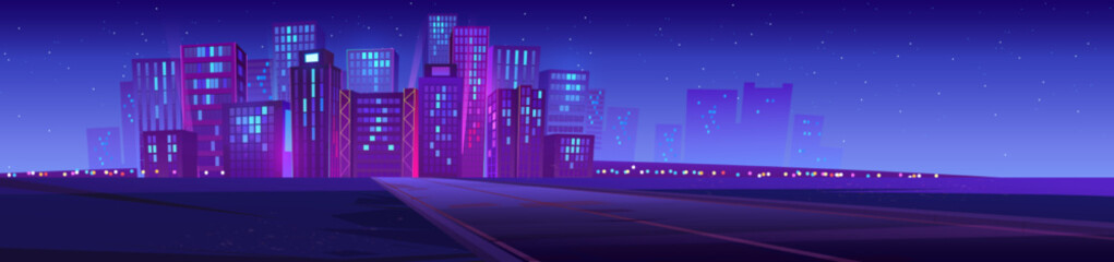 Fototapeta premium Skyline with city buildings, road and stars at night. Landscape with cityscape, empty street, modern houses and skyscrapers on horizon, vector cartoon illustration