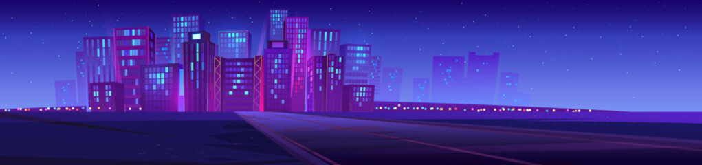 Skyline with city buildings, road and stars at night. Landscape with cityscape, empty street, modern houses and skyscrapers on horizon, vector cartoon illustration