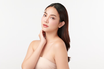 Fototapeta premium Beautiful young asian woman with clean fresh skin on white background, Face care, Facial treatment, Cosmetology, beauty and spa, Asian women portrait.