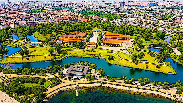 Copenhagen, Denmark. Antique Fort Kastellet. Bright cartoon style illustration. Aerial view