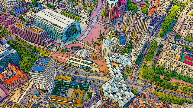 Rotterdam, Netherlands. Panorama of the business part of the city. Bright cartoon style illustration. Aerial view