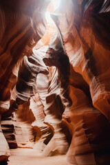 Glowing colors of Upper Antelope Canyon, the famous slot canyon in Navajo reservation near Page,...