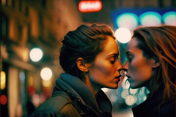 Young lesbian couple in their moment of intimacy at night in the street. This image was created with generative AI - obrazy, fototapety, plakaty