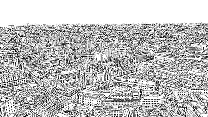 Milan, Italy. Roofs of the city aerial view. Spiers Milan Cathedral. Doodle sketch style. Aerial view