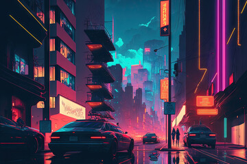 Cyberpunk inspired photorealistic illustration of a futuristic city. neon lit street that is deserted. Stunning nighttime cityscape. Generative AI