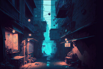 A fantasy future cyberpunk city's seedy backstreet has melancholy blue tones. Generative AI