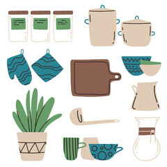Set of a kitchenware vector illustration. Pans, cups for coffee, chemex, board and banks. Flat design. Ideal for web design and typography.