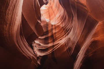 Glowing colors of Upper Antelope Canyon, the famous slot canyon in Navajo reservation near Page, Arizona, USA