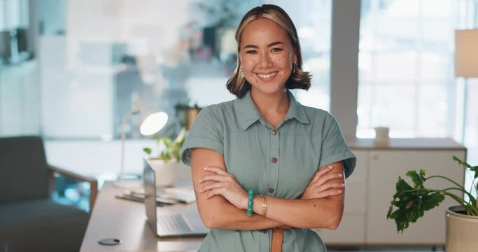 Face, business and woman arms crossed, smile and leader with confidence, advertising agency and modern office. Portrait, female employee and entrepreneur with corporate success, happy and management