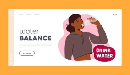 Water Balance Landing Page Template. Health Care, Immunity Boost, Hydration Concept with Healthy Female Character