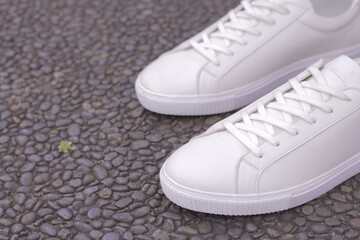 pair of shoes on a grey rock background