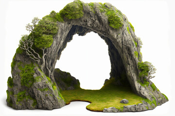 cut out woodland arch made of natural rock. Isolated stone arch against a white background. Old boulder and moss covered cave entrance. Generative AI - obrazy, fototapety, plakaty