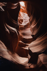 Glowing colors of Upper Antelope Canyon, the famous slot canyon in Navajo reservation near Page, Arizona, USA