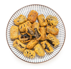 Crispy seaweed noodle rolls or Gimmari Korean deep-fried seaweed rolls, Korean traditional snack food Isolate on white with clipping path.