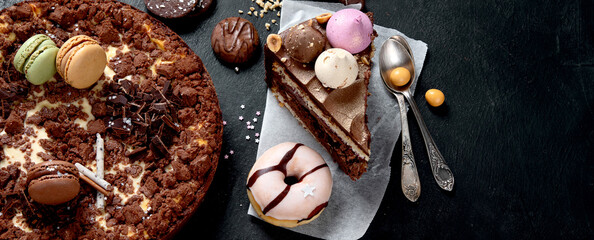 Assortment of confectionery, different types desserts