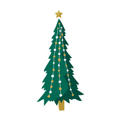 Green christmas tree with garlands and balls. Winter season design element. New year icon. Vector illustration in flat cartoon style.