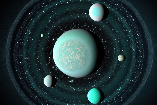 An aerial view of the planet Uranus. The five main moons of Uranus, an ice giant planet with thirteen rings, are Miranda, Ariel, Umbriel, Titania, and Oberon. This image's components were provided by