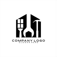 Home renovation vector logo design with house, brush and hammer concept.