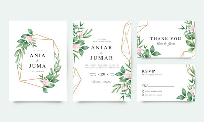 Fototapeta na wymiar Set of beautiful wedding invitation templates with pink flowers and watercolor leaves
