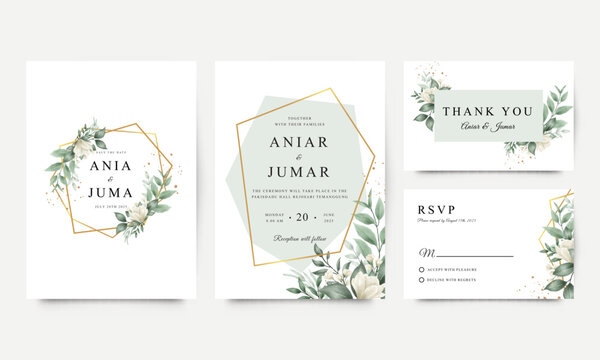 Set of elegant wedding invitation templates with flowers and green leaves