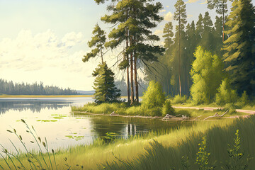The woodland contains the lake. Tall coniferous and deciduous trees may be seen in the backdrop behind the grass covered banks. The sky is hazy around the tree. It is a bright summer day. Generative