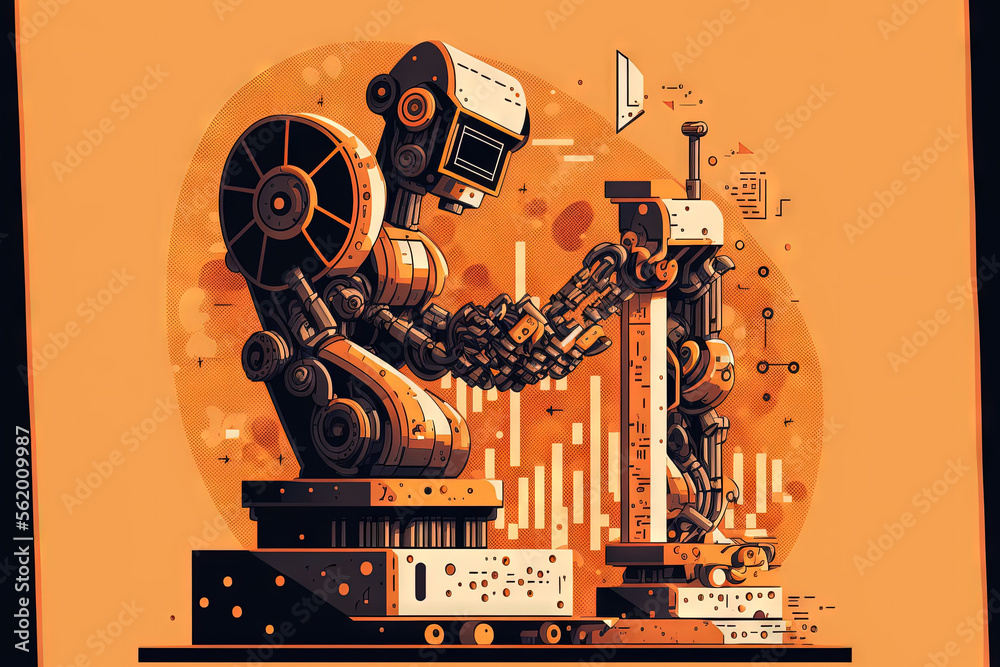 Poster ai robot arm analyzing mathematics for automated manufacturing process.concept of robotics technolog