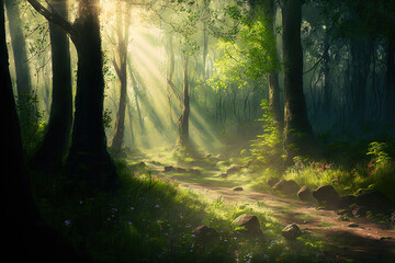 Sunlight in a springtime forest with lush foliage. Generative AI